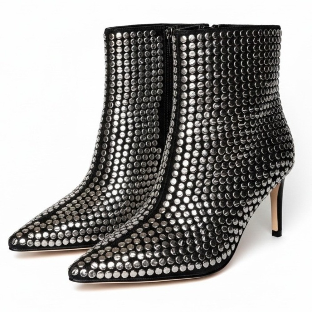 Nine West Kepord 2 Black Studded Pointed Toe Stiletto Ankle Boots Women's 6M NEW